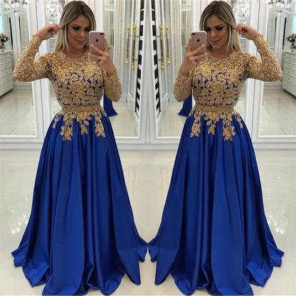 Gold Beads Lace Appliques Evening Dress with Sleeves-BMbridal.com