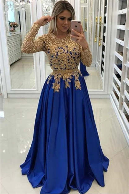 Gold Beads Lace Appliques Evening Dress with Sleeves-BMbridal.com