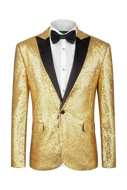 Glitter Peaked Lapel Two Piece Prom Suits Gold Sequins One Button Wedding Groom Suits-BMbridal