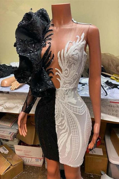 Gorgeous Bicolor V-neck Appliques Lace Mini Column Prom Dresses-BMbridal.com