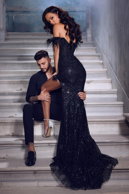 Gorgeous Black Long Off-the-shoulder Lace Sequined Evening Dresses With Slit-BMbridal.com