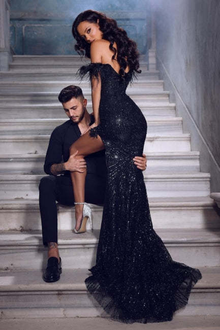 Gorgeous Black Long Off-the-shoulder Lace Sequined Evening Dresses With Slit-BMbridal.com