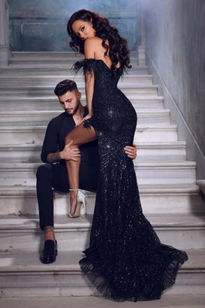 Gorgeous Black Long Off-the-shoulder Lace Sequined Evening Dresses With Slit-BMbridal.com