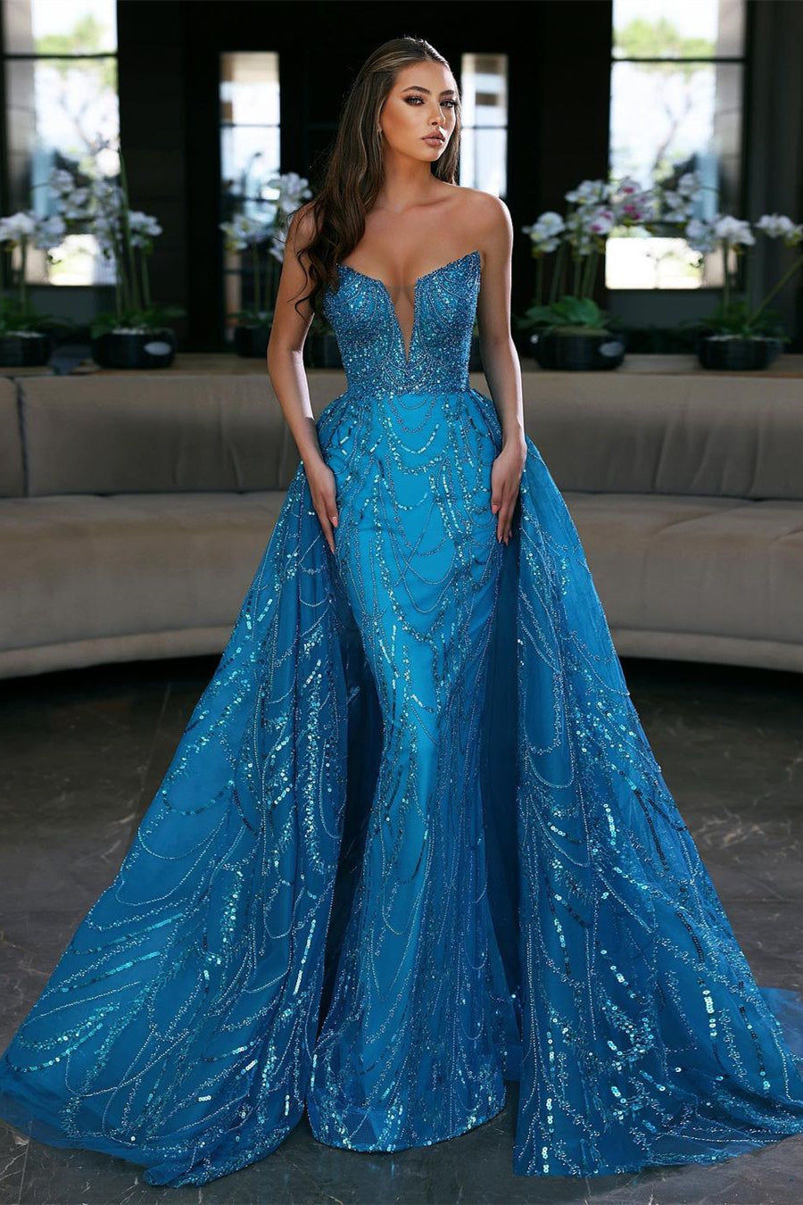 Gorgeous Blue Long Mermaid Sleeveless Prom Dress With Detachable Train-BMbridal.com