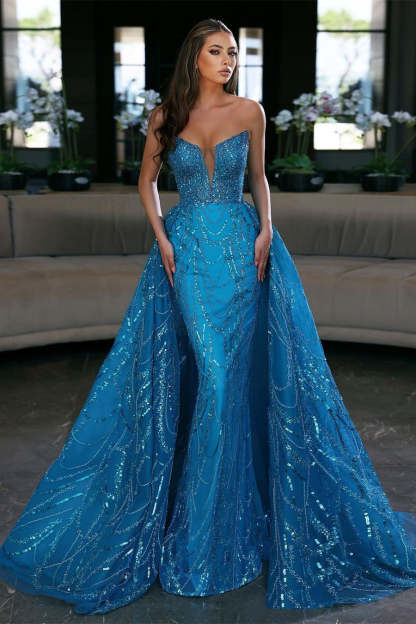 Gorgeous Blue Long Mermaid Sleeveless Prom Dress With Detachable Train-BMbridal.com