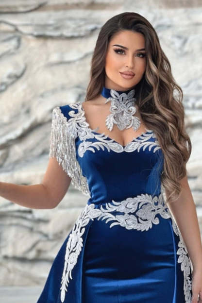 Gorgeous Blue Sweetheart Column Appliques Sleeveless Split Front Floor-length Prom Dresses with Train-BMbridal