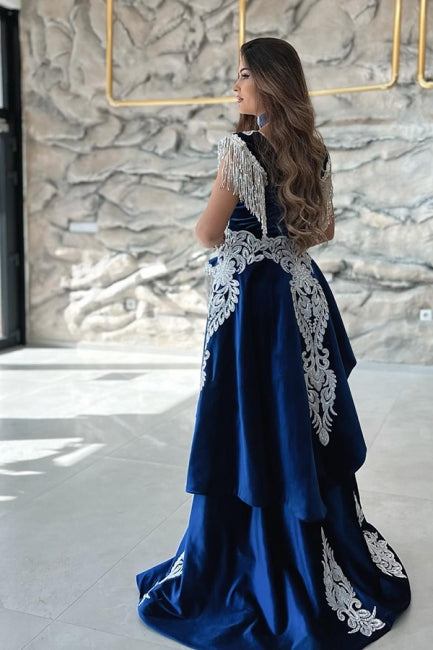 Gorgeous Blue Sweetheart Column Appliques Sleeveless Split Front Floor-length Prom Dresses with Train-BMbridal