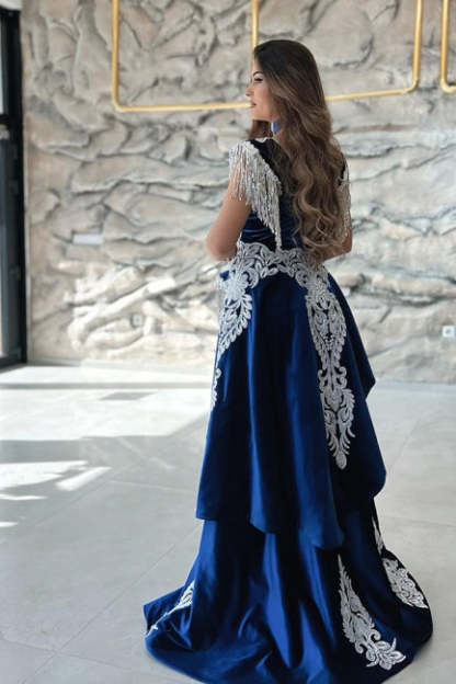 Gorgeous Blue Sweetheart Column Appliques Sleeveless Split Front Floor-length Prom Dresses with Train-BMbridal