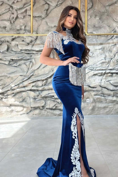 Gorgeous Blue Sweetheart Column Appliques Sleeveless Split Front Floor-length Prom Dresses with Train-BMbridal