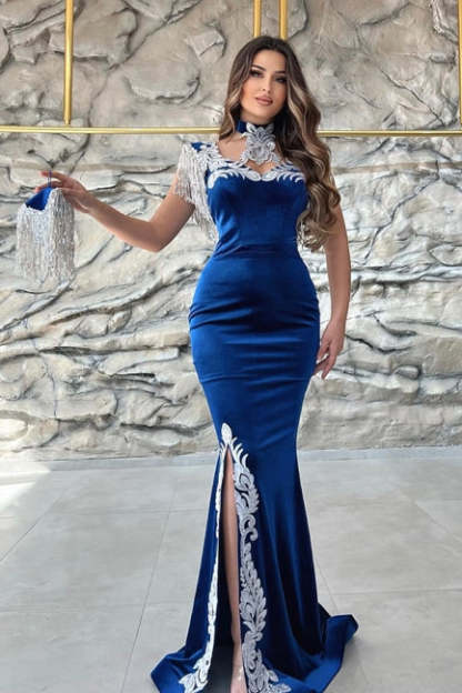 Gorgeous Blue Sweetheart Column Appliques Sleeveless Split Front Floor-length Prom Dresses with Train-BMbridal