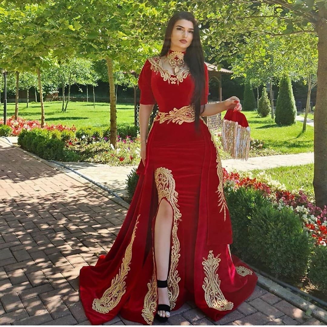 Gorgeous Halter Red Velvet Mermaid Evening Gown with Gold Appliques Half Sleeves-BMbridal.com