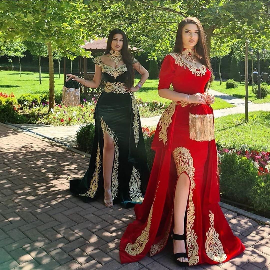 Gorgeous Halter Red Velvet Mermaid Evening Gown with Gold Appliques Half Sleeves-BMbridal.com