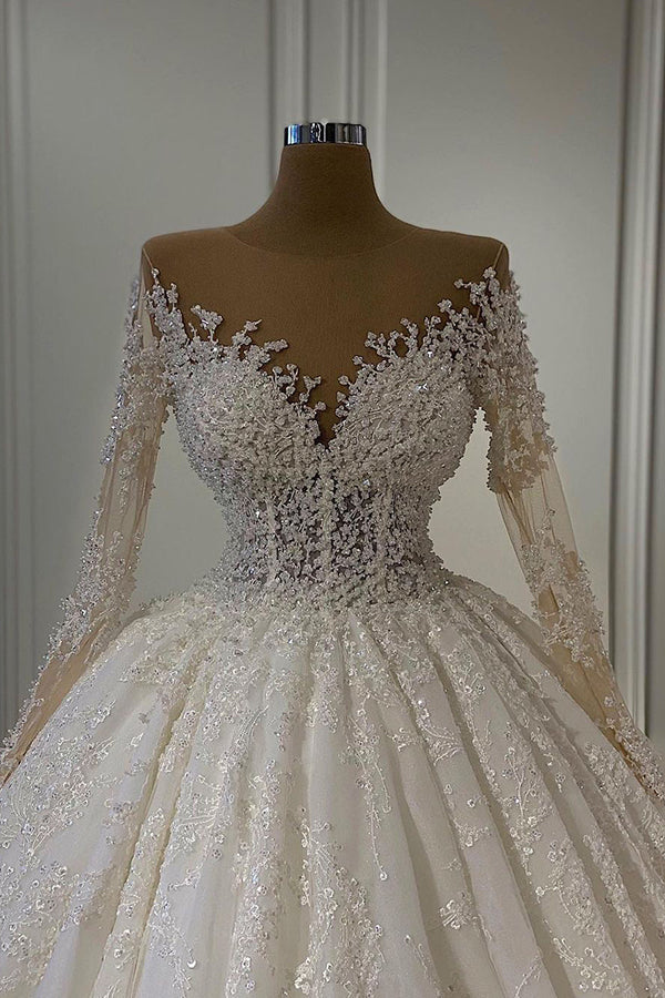 Gorgeous Lace Long Sleeve Beads Ball Gown Wedding Dress-BMbridal.com