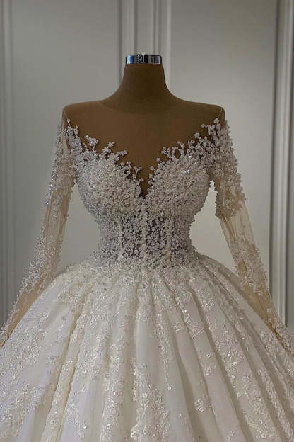 Gorgeous Lace Long Sleeve Beads Ball Gown Wedding Dress-BMbridal.com