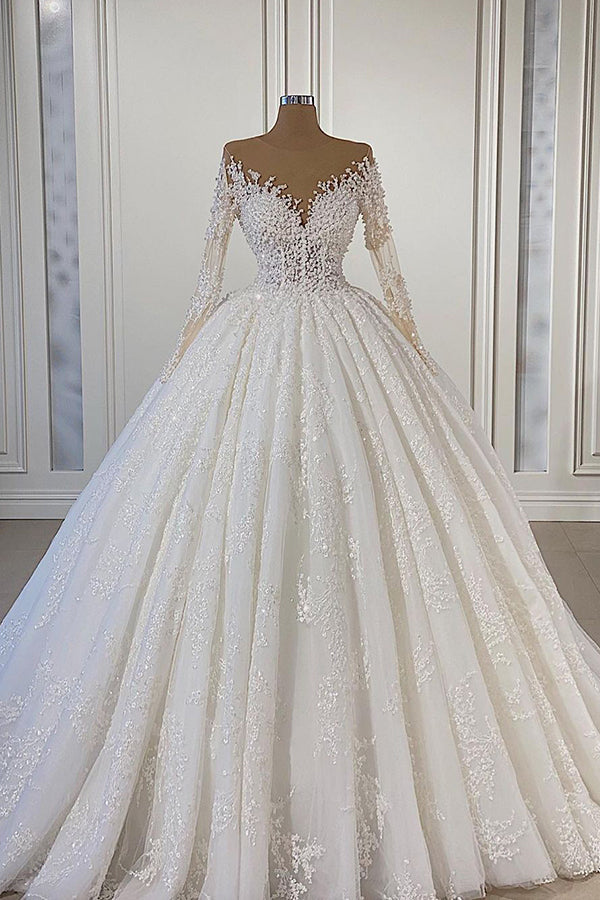 Gorgeous Lace Long Sleeve Beads Ball Gown Wedding Dress-BMbridal.com