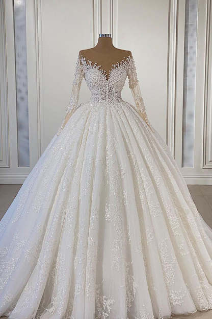 Gorgeous Lace Long Sleeve Beads Ball Gown Wedding Dress-BMbridal.com