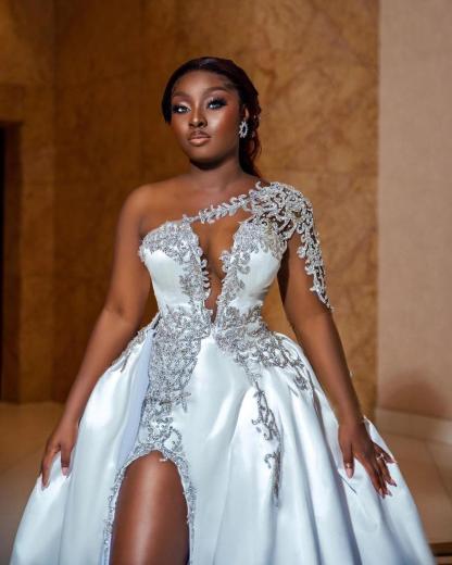 Gorgeous Long A-line One Shoulder Beading Wedding Dress With Slit-BMbridal.com