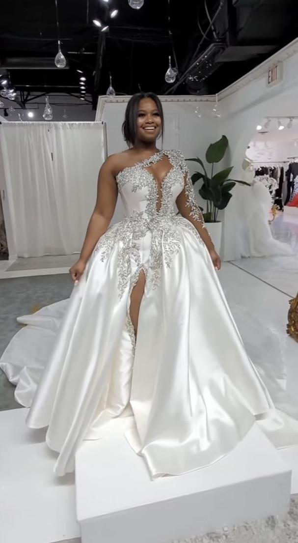 Gorgeous Long A-line One Shoulder Beading Wedding Dress With Slit-BMbridal.com