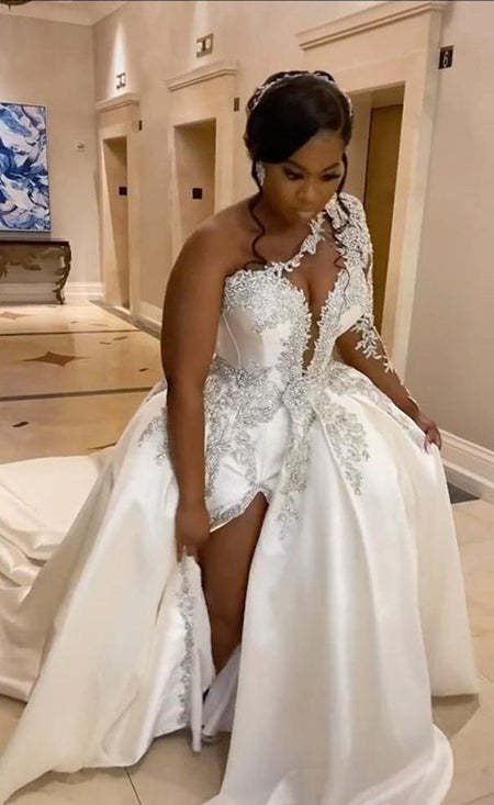 Gorgeous Long A-line One Shoulder Beading Wedding Dress With Slit-BMbridal.com