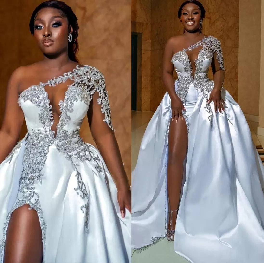Gorgeous Long A-line One Shoulder Beading Wedding Dress With Slit-BMbridal.com