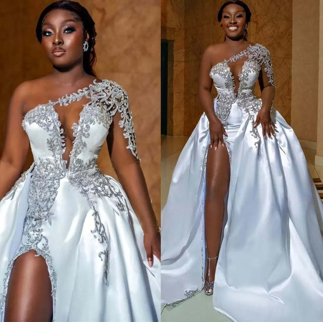 Gorgeous Long A-line One Shoulder Beading Wedding Dress With Slit-BMbridal.com