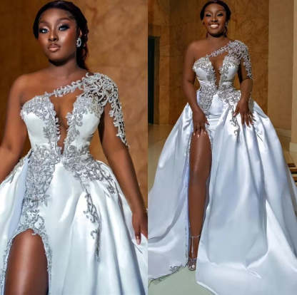 Gorgeous Long A-line One Shoulder Beading Wedding Dress With Slit-BMbridal.com