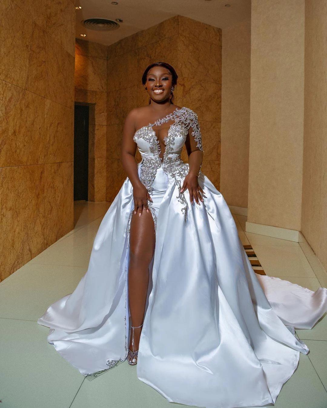 Gorgeous Long A-line One Shoulder Beading Wedding Dress With Slit-BMbridal.com
