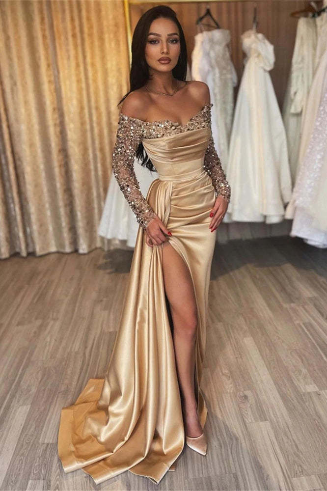 Gorgeous Long Champagne Off-the-shoulder Sequined Split Prom Dress With Long Sleeves-BMbridal.com