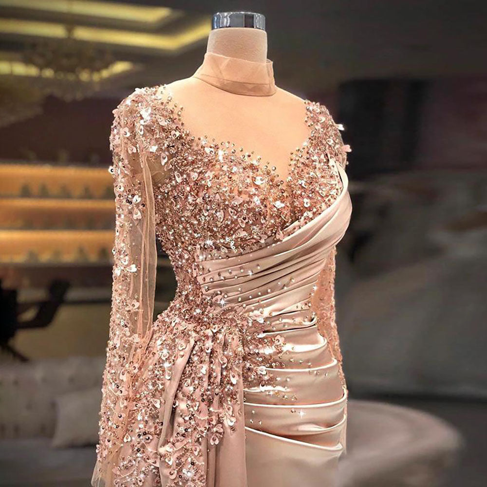 Gorgeous Long High Neck Beading Sequined Prom Dress With Long Sleeves-BMbridal.com