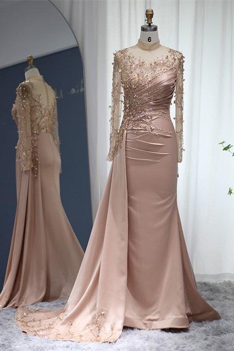 Gorgeous Long High Neck Beading Sequined Prom Dress With Long Sleeves-BMbridal.com