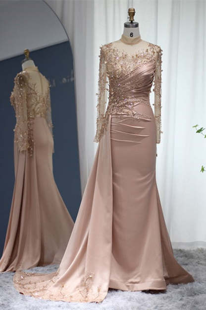 Gorgeous Long High Neck Beading Sequined Prom Dress With Long Sleeves-BMbridal.com