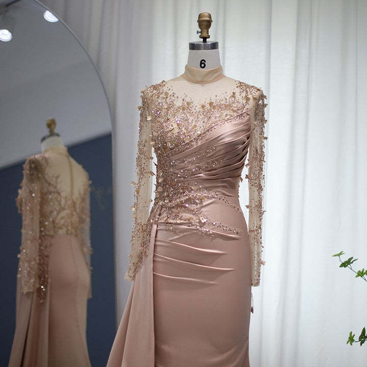Gorgeous Long High Neck Beading Sequined Prom Dress With Long Sleeves-BMbridal.com