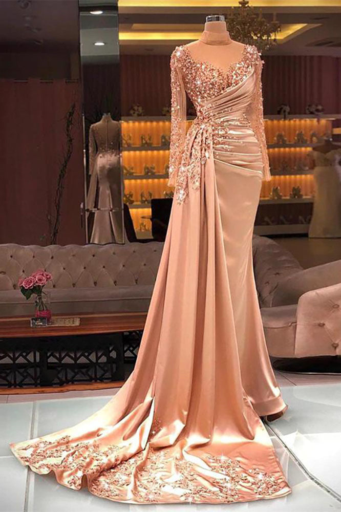 Gorgeous Long High Neck Beading Sequined Prom Dress With Long Sleeves-BMbridal.com
