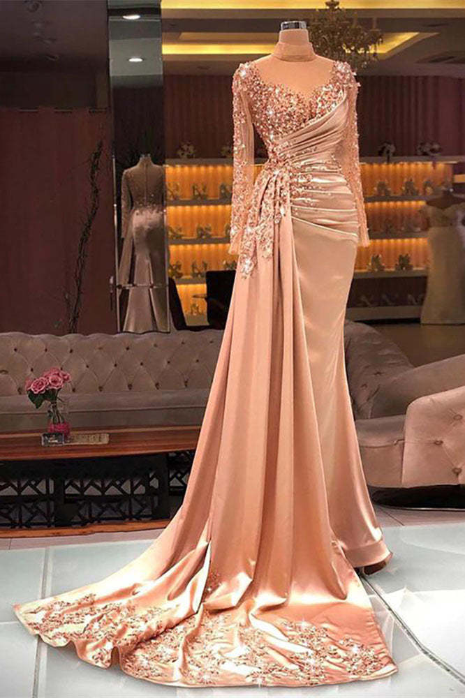 Gorgeous Long High Neck Beading Sequined Prom Dress With Long Sleeves-BMbridal.com