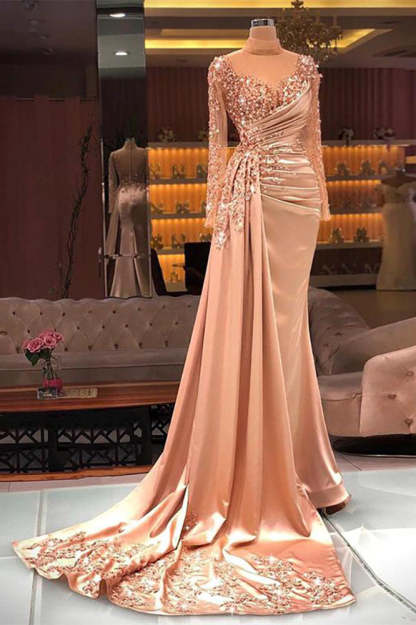 Gorgeous Long High Neck Beading Sequined Prom Dress With Long Sleeves-BMbridal.com