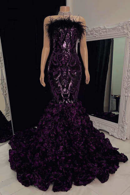 Gorgeous Long Mermaid Lace Flowers Sleeveless Prom Dress-BMbridal.com