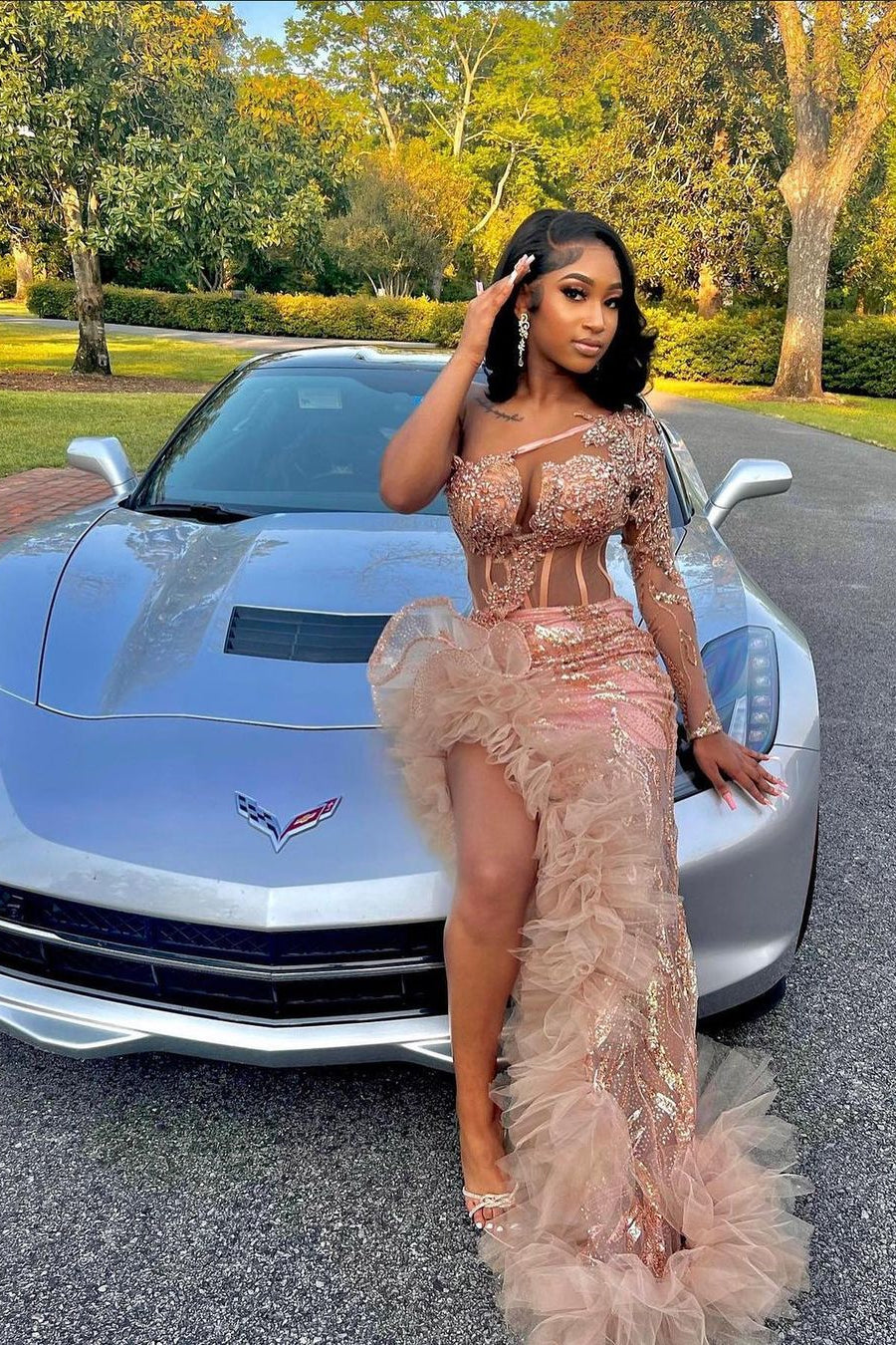 Gorgeous Long Mermaid Pink One Shoulder Long Sleeve Prom Dress With Slit-BMbridal.com