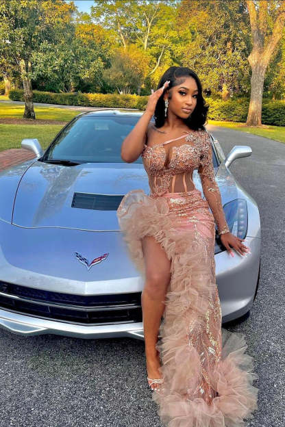 Gorgeous Long Mermaid Pink One Shoulder Long Sleeve Prom Dress With Slit-BMbridal.com