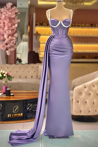 Gorgeous Long Purple Mermaid Sleeveless Straps Prom Dress With Ruffles-BMbridal.com