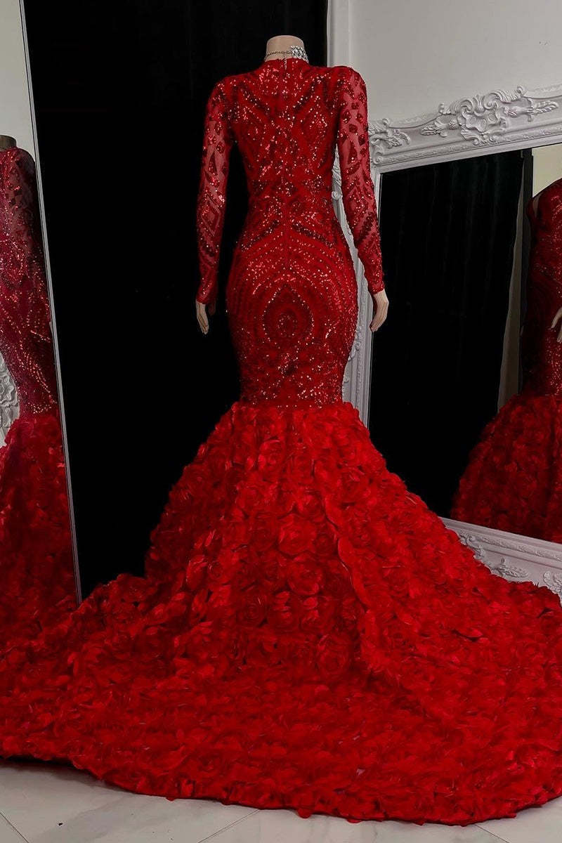 Gorgeous Long Red Mermaid V-neck Lace Prom Dress With Long Sleeves-BMbridal.com