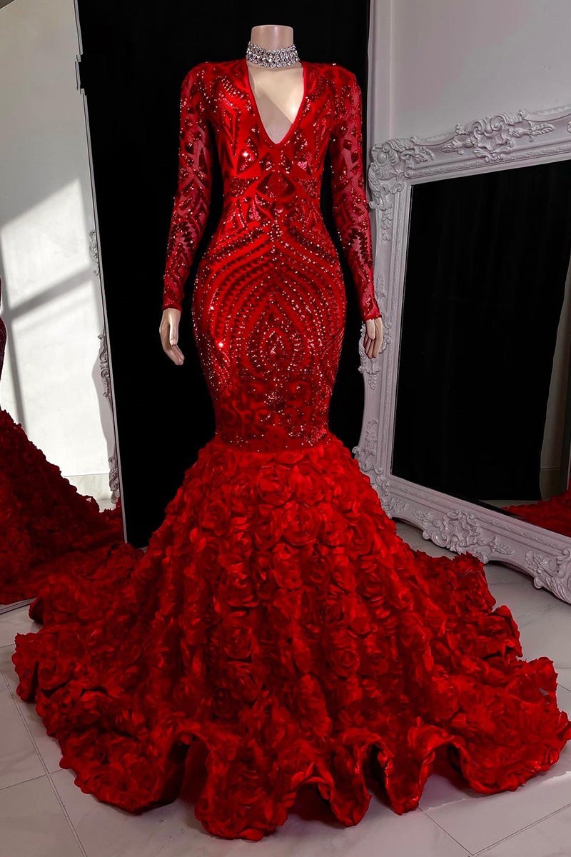 Gorgeous Long Red Mermaid V-neck Lace Prom Dress With Long Sleeves-BMbridal.com