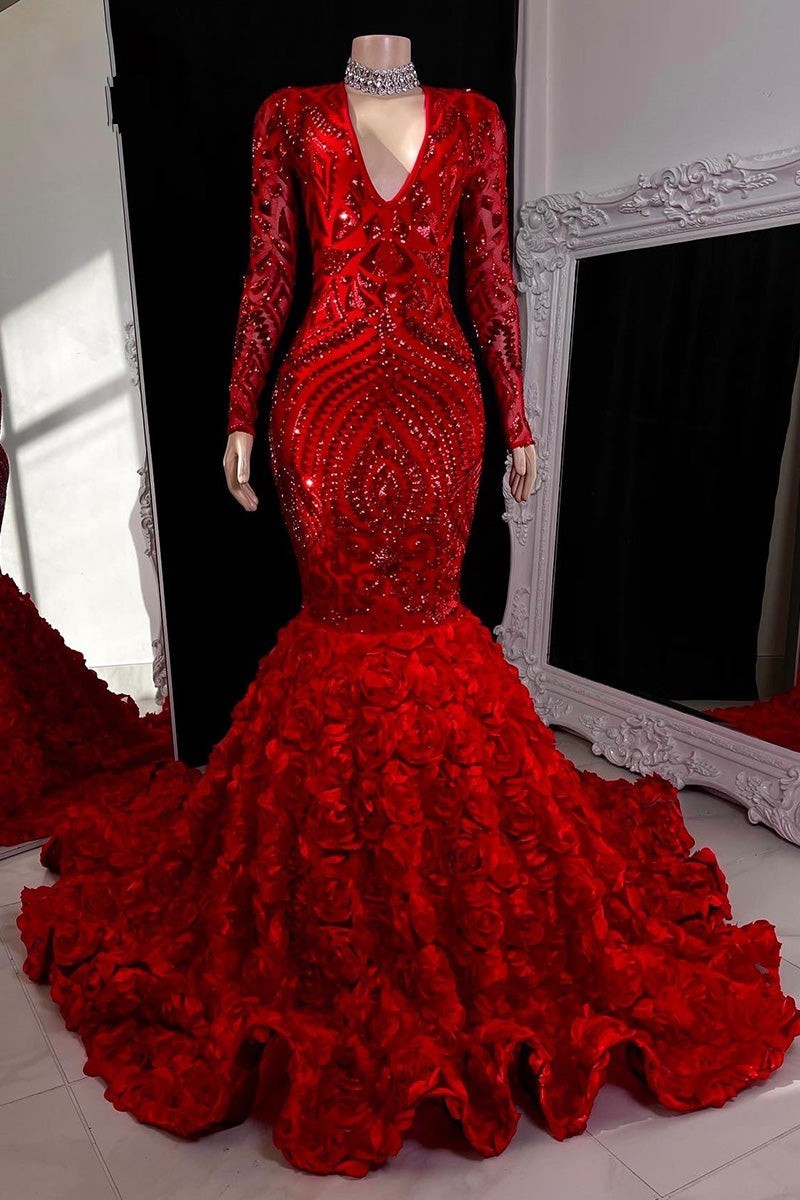 Gorgeous Long Red Mermaid V-neck Lace Prom Dress With Long Sleeves-BMbridal.com