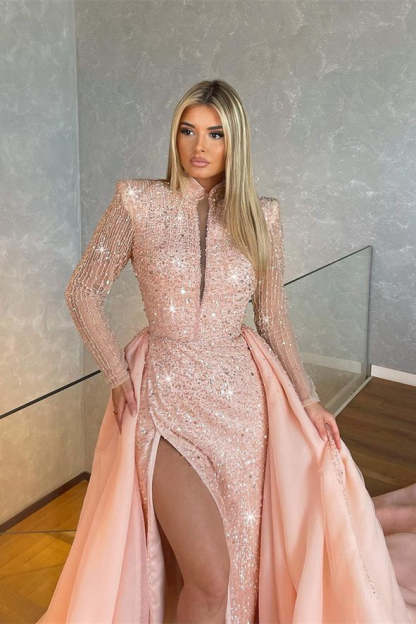 Gorgeous Long-Sleeve Split Mermaid Evening Gowns With Beads-BMbridal.com