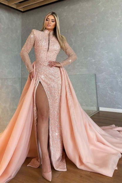 Gorgeous Long-Sleeve Split Mermaid Evening Gowns With Beads-BMbridal.com
