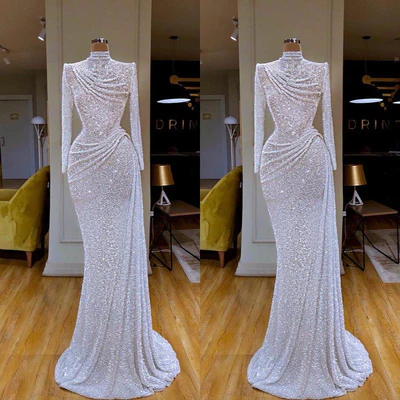 Gorgeous Long White Mermaid High Neck Sequined Prom Dress With Long Sleeves-BMbridal.com