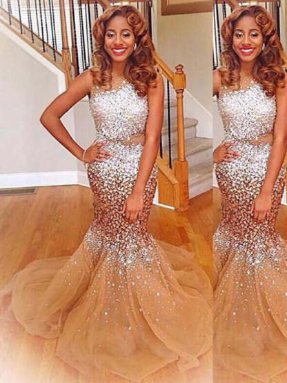 Gorgeous Mermaid Bateau Sleeveless Sequin Tulle Prom Dresses