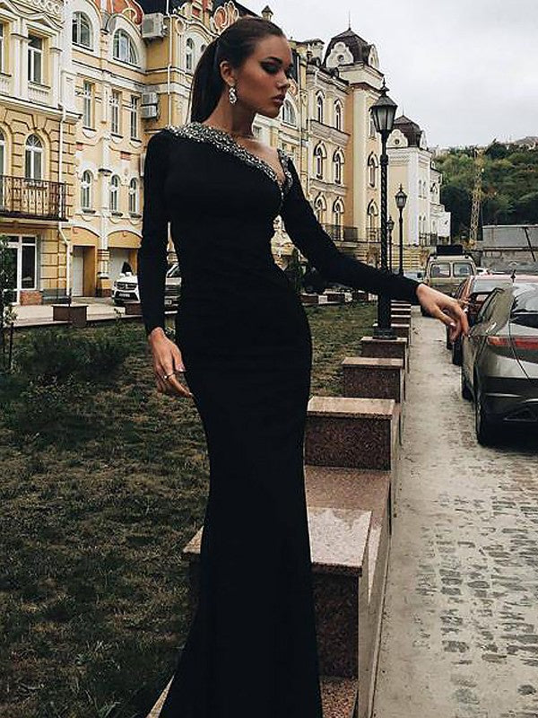 Gorgeous Mermaid Long Sleeves One-Shoulder Spandex Beading Prom Dresses-BMbridal