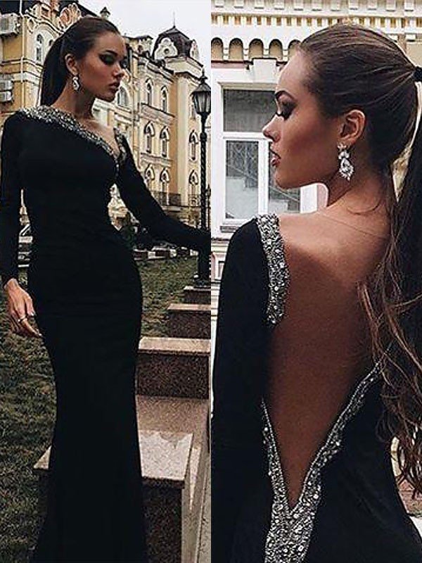 Gorgeous Mermaid Long Sleeves One-Shoulder Spandex Beading Prom Dresses-BMbridal