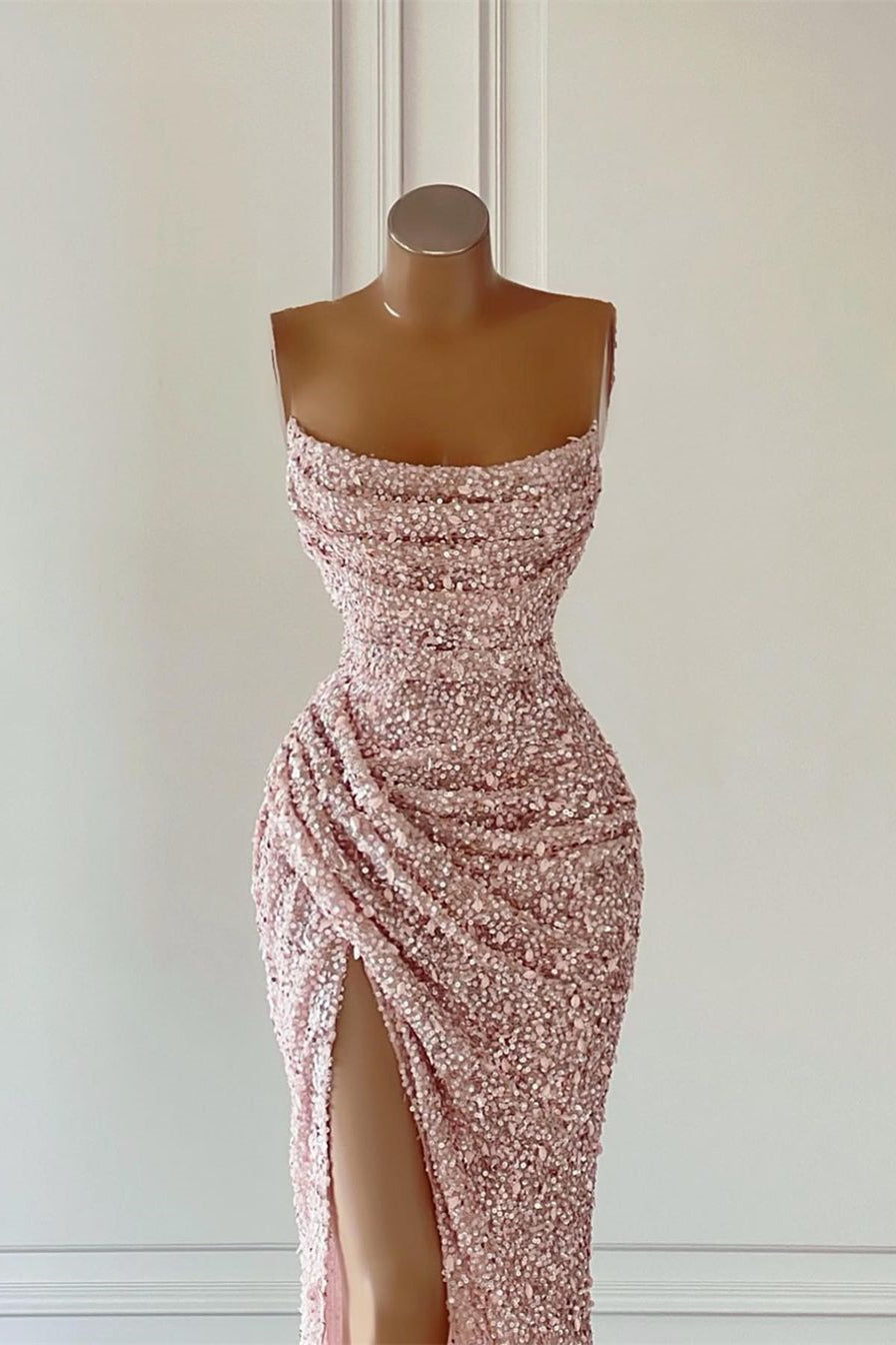Gorgeous Pink Sequined Sleeveless Prom Dress With Slit-BMbridal