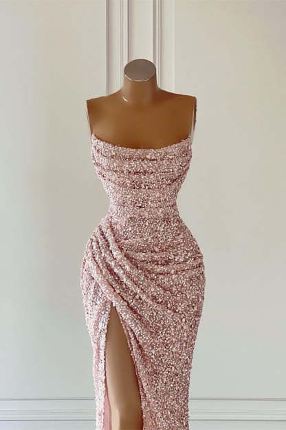 Gorgeous Pink Sequined Sleeveless Prom Dress With Slit-BMbridal.com